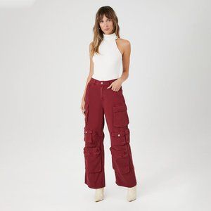 Forever 21 Burgundy Twill Wide-leg Cargo Pants